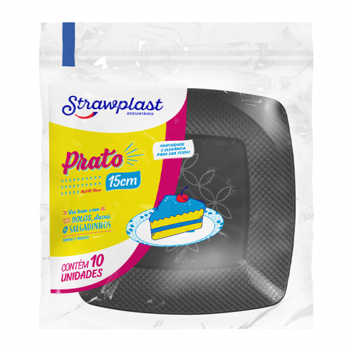 PRATO ACRÍLICO QUADRADO PRETO 15 CM 10UNIDADE