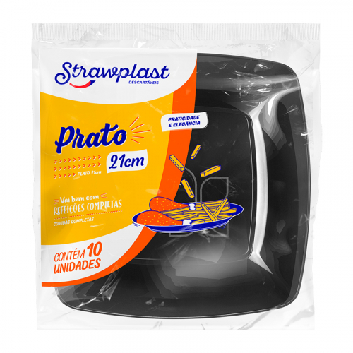 PRATO ACRÍLICO QUADRADA PRETO 21 CM 10 UNIDADE
