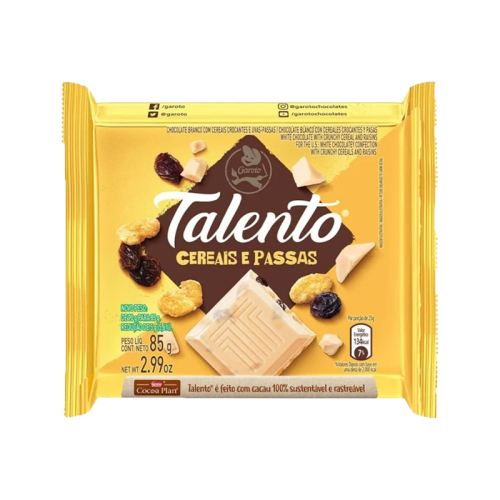 CHOC TALENTO BRANCO CEREAIS/PASSAS 12/85